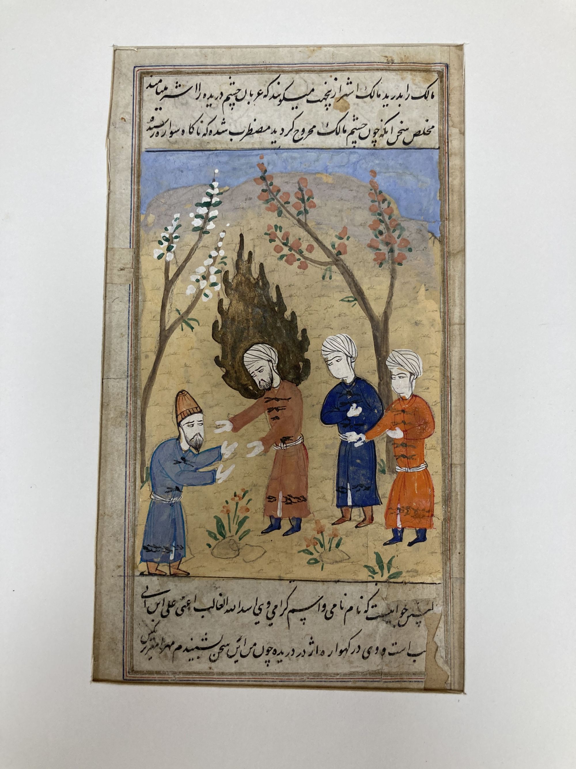 Indo-Persian School, 5 gouache on paper, book illustrations with calligraphic inscriptions verso, largest 20 x 11cm approx., unframed